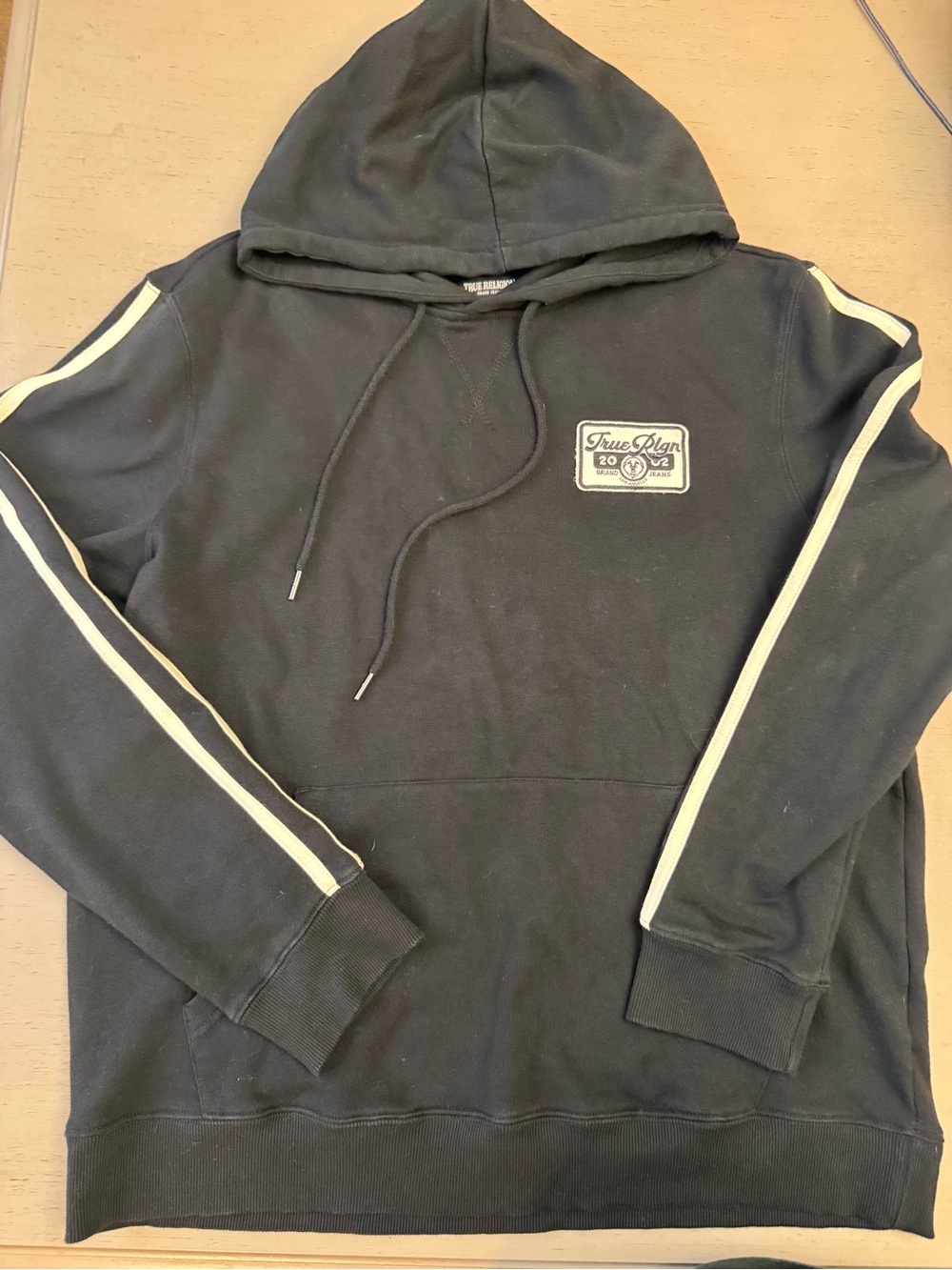 True Religion Black Hoodie with White  double Stripes down sleeves In EUC Size L